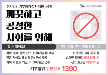 정치인의 기부행위 상시 제한,금지
깨끗하고 공정한 사회를 위해
할수 없어요! 주는 것도, 받는 것도 안됩니다
화환,주례, 행사 찬조, 선물(기념품) 제공, 전문지식(법률 상담 등) 무상 제공, 회비 외 별도 기금, 타 교회 헌금 납부
선거관련 금품 제공 등 받으면 과태료 최대 3천만원, 신고포상금 최대 5억원
기부행위 위반신고 1390