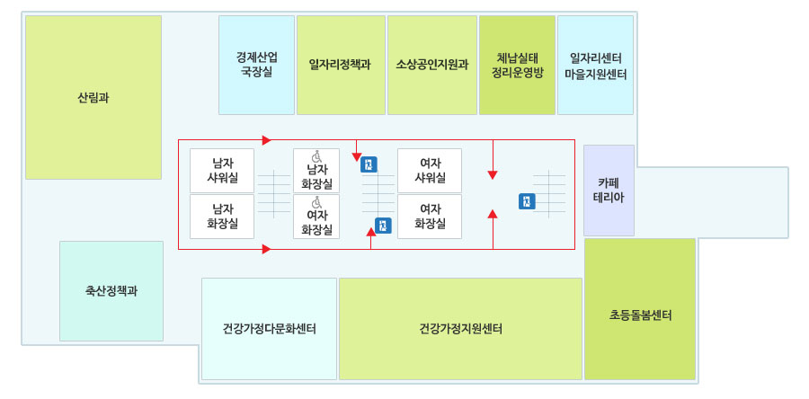 제2청사 2층 배치도, 자세한 내용은 하단 참고