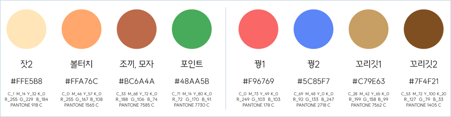 잣2 #FFE5B8, C_1 M_14 Y_32 K_0, R_255 G_229 B_184, PANTONE 918 C / 볼터치 #FFA76C, C_0 M_46 Y_57 K_0, R_255 G_167 B_108, PANTONE 1565 C / 조끼, 모자 #BC6A4A, C_33 M_68 Y_72 K_0, R_188 G_106 B_74, PANTONE 7585 C / 포인트 #48AA5B, C_71 M_14 Y_80 K_0, R_72 G_170 B_91, PANTONE 7730 C / 꿩1 #F96769, C_0 M_73 Y_49 K_0, R_249 G_103 B_103, PANTONE 178 C / 꿩2 #5C85F7, C_69 M_48 Y_0 K_0, R_92 G_133 B_247, PANTONE 2718 C / 꼬리깃1 #C79E63, C_28 M_42 Y_65 K_0, R_199 G_158 B_99, PANTONE 7562 C / 꼬리깃2 #7F4F21, C_53 M_72 Y_100 K_20, R_127 G_79 B_33, PANTONE 1405 C