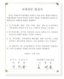 자매결연협정서 경기도 가평군과 서울특별시 은평구는 상호 교류 협력을 바탕으로 미래지향적인 공동의 발전과 21세기 새로운 자치환경에 효율적으로 대응하고자 자매결연 협정을 체결한다. 1. 양 자치단체는 행정 경제 문화 예술 체육 등 각 분야에서 교류 협력을 통하여 특성 있는 지방자치 발전을 도모한다. 2. 양 자치단체는 공무원, 민간단체, 청소년 교류를 적극 지원하여 상호간의 이해와 협력의 증진에 기여한다. 3. 양 자치단체는 교류 협력의 활성화를 위해 지속적인 노력을 경주하고 세부사항에 대하여는 상호 협력하여 적극 추진한다. 본 협정서는 양 자치단체장이 주민을 재표하여 서명하고 각 1부씩 보관하며 서명한 날로부터 효력이 발생한다. 2008년 5월 15일 경기도 가평군수 이진용 서울특별시 은평구청장 노재동